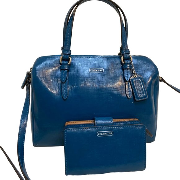 Coach Handbags - COACH Cerulean Blue Saffiano MINI SATCHEL #49392 & DARCY Wallet F50431 F50086